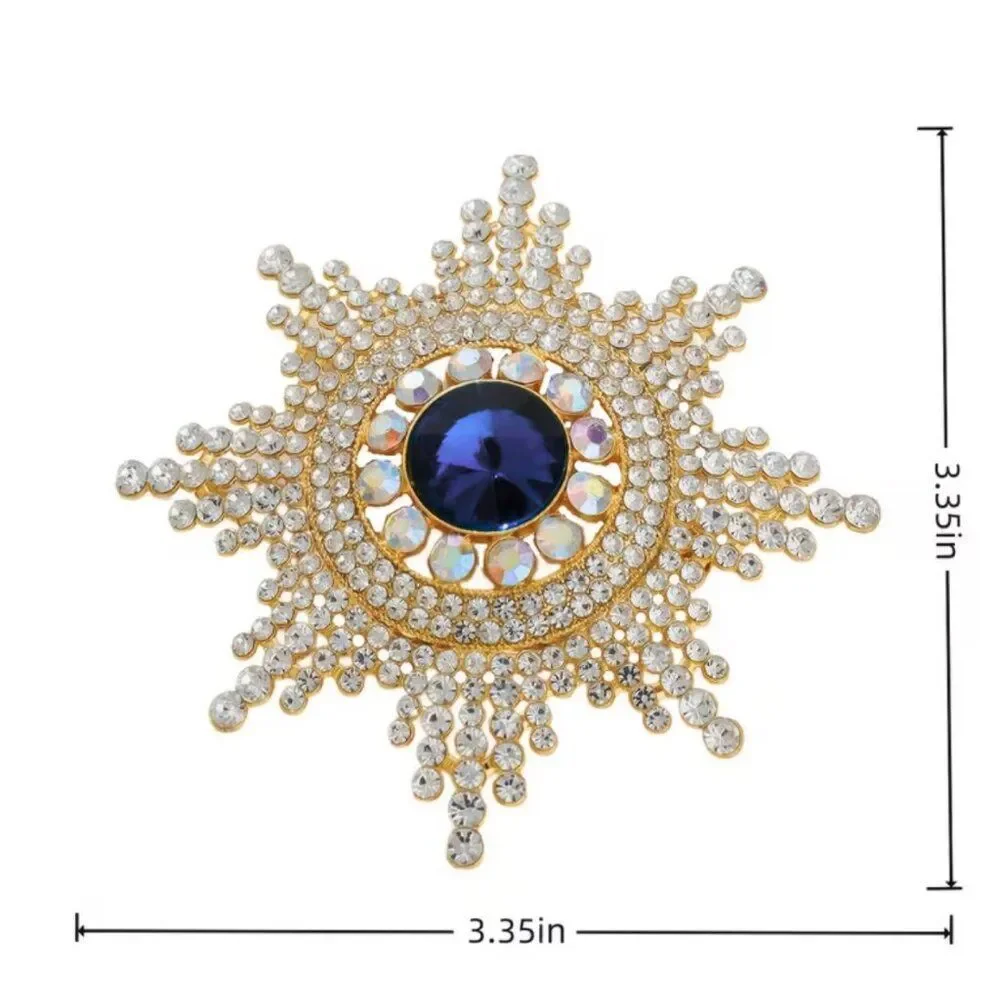 Regal Radiance Starburst Brooch Sapphire Blue Center Vintage Rhinestone Elegance